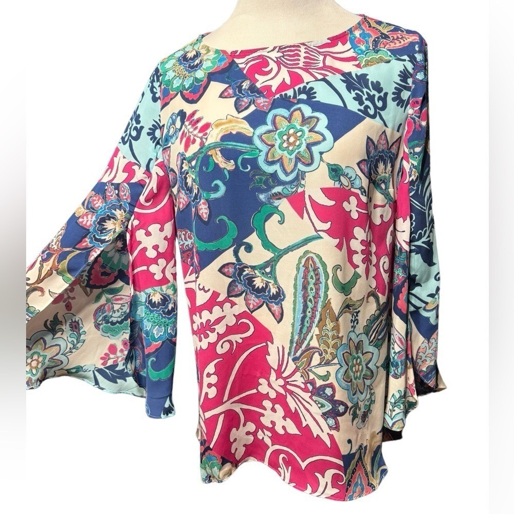Chicos Blouse Womens 1 M Split Bell Sleeve Paisley Floral Multi Color Polyester